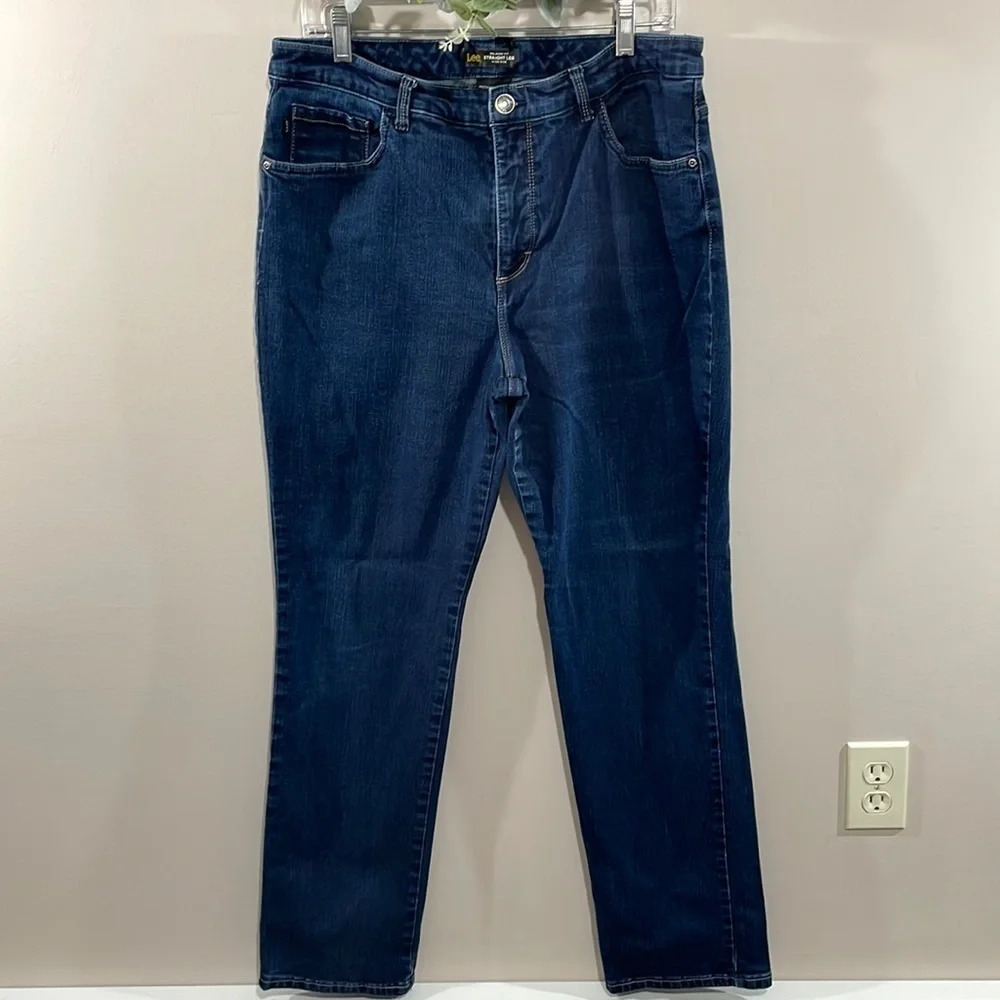 Lee Relaxed Fit Straight Leg High Rise Dark Wash Denim Jeans 14 Long